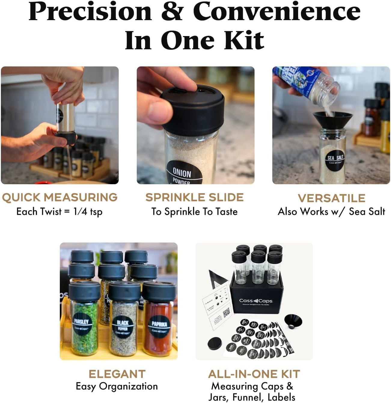 Glass Spice Jars & Measuring Cap Set - Twist to Dispense 1/4 Tsp Per Turn for Precise Cooking - Spice Jars with Lids Keep Kitchen Organized & Tidy - Enjoy Round Spice Jar Without Mess- 6 Pack