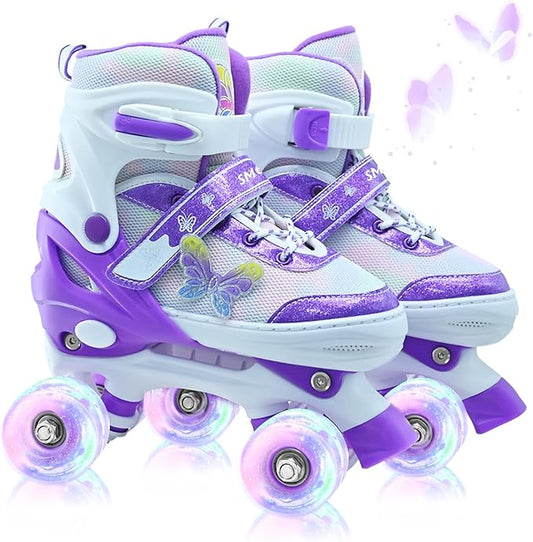 Kids Roller Skates for Girls-Outdoor 4 Size Adjustable Butterfly Quad Rollerskates for Indoor Ages 3-12 Years Beginners Children's Birthday Gift with Light Up Wheels patines para niñas Indoor