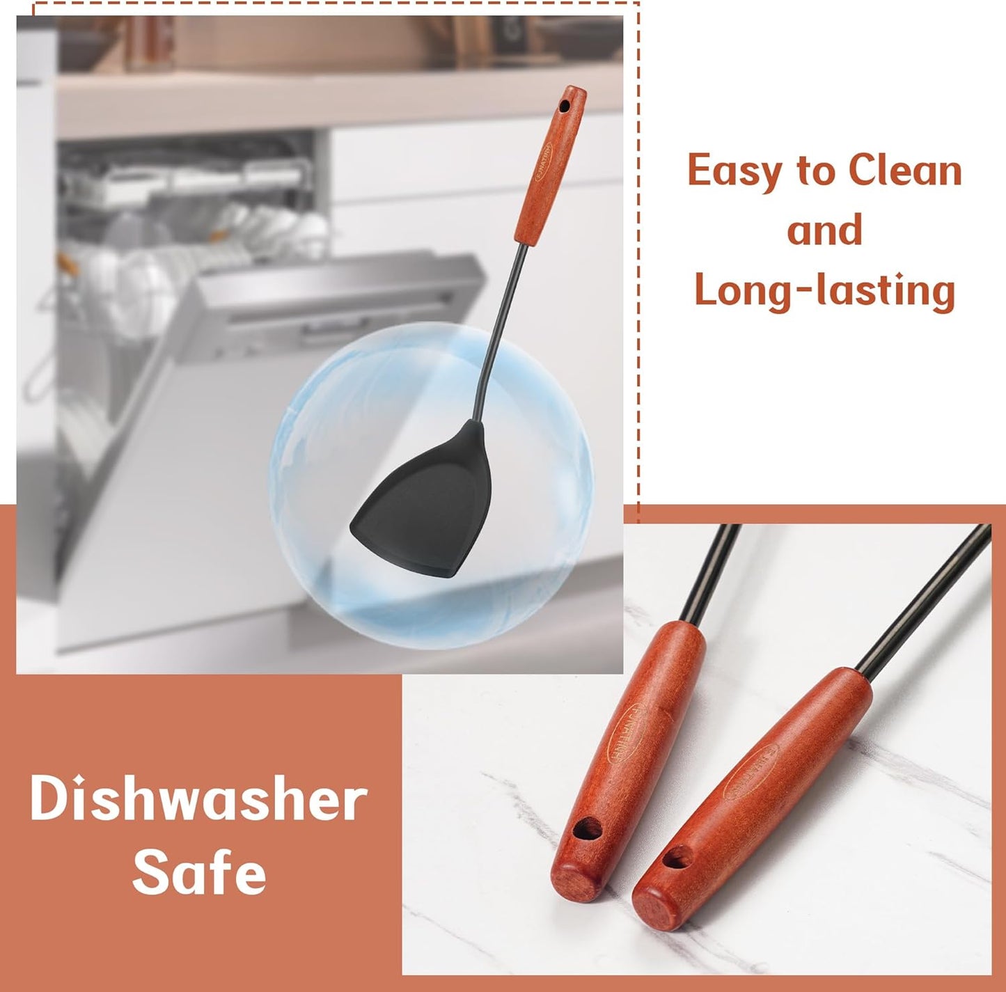 FJNATINH Silicone Wok Spatula and Ladle Tool Set,Non Stick Heat-Resistant Stainless Steel Cooking Utensils BPA Free Kitchen Utensils Cookware, Pack of 2,Black