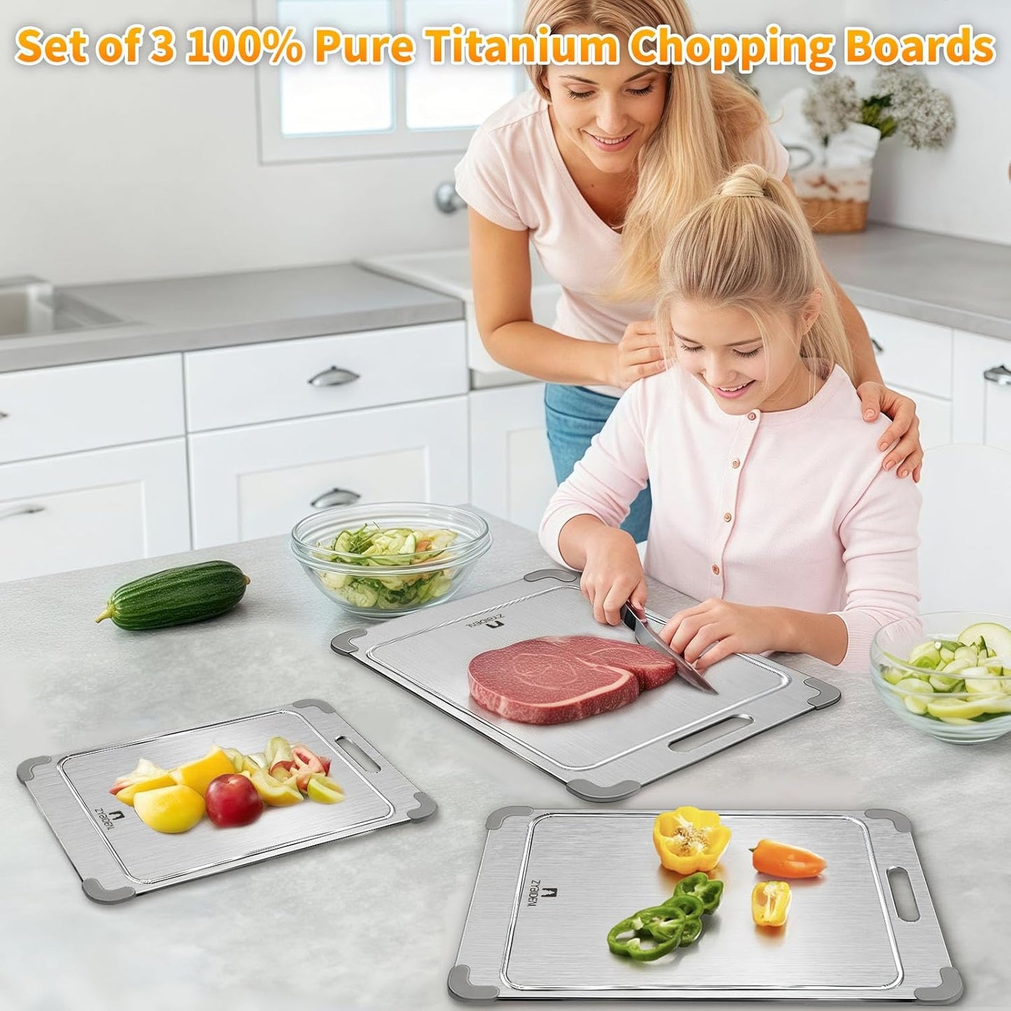 3Pcs 100% Pure Titanium Cutting Board with Grooves, Update Double Side Titanium Chopping Board, Silicone Anti-slip Stainless Cutting Boards Set for Kitchen, Grey