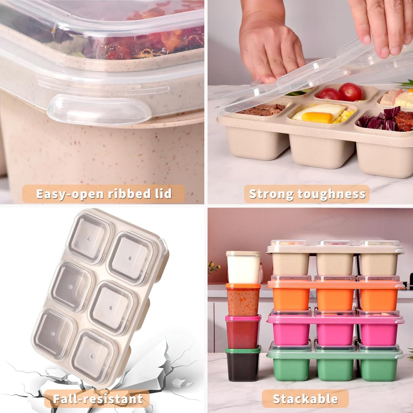 4-Pack Leakproof Bento Box & Snack Containers for Kids & Adults | 6-Compartment with 4 Sauce Cups | Ideal for School, Office, Picnic & Travel (38oz/1100ml) (Pink/Beige/Orange/Green)