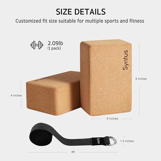 Syntus Yoga Block and Yoga Strap Set, 2 Soft Non-Slip Yoga Blocks 9×6×4 inches, 8FT Metal D-Ring Strap for Yoga, General Fitness, Pilates, Stretching and Toning