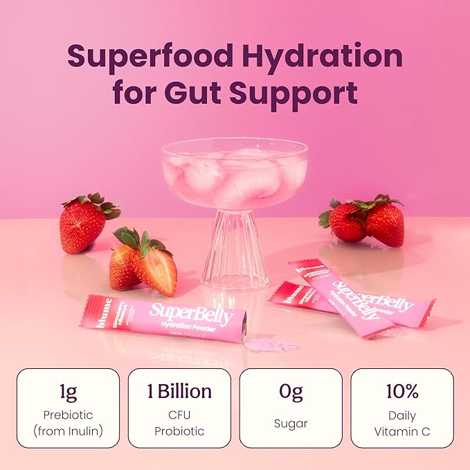 Blume New SuperBelly Gut Health and On-The-Go Hydration Packets, Sugar-Free, with Prebiotics, Probiotics, Apple Cider Vinegar, Vitamin C, and Electrolytes, Strawberry Hibiscus, 15 Sticks