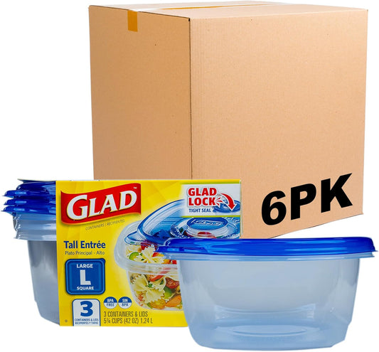 Glad GladWare Tall Entree Food Storage Containers - Large Square - Meal Container Holds up to 42 Ounces of Food - Lock Tight Seal, 3 Count - 6 Pack