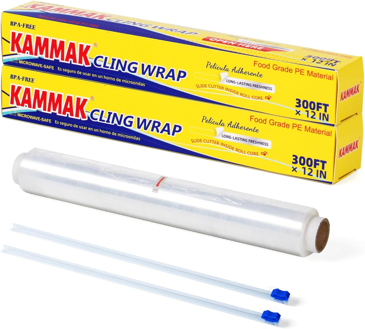 KAMMAK Plastic Wrap with Slide Cutter Food Cling Wrap 12 Inch Kitchen Cling Film BPA-Free Microwave-Safe 300 Ft Roll Food Service Film Quick Cut for Restaurant (2 Pack)