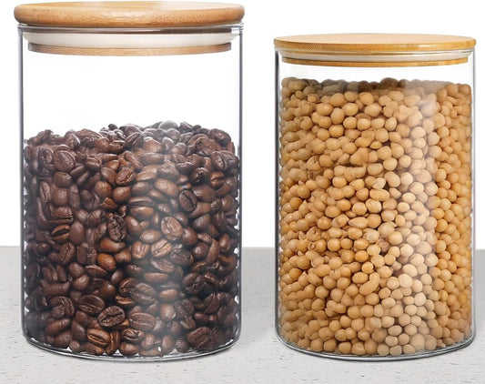 33 oz Glass Food Storage Jars with Airtight Lids, Clear Glass Jar with Bamboo Lid, Airtight Food Canister for Tea, Candy, Coffee, Sugar, Cookie, Snack. (Round | 5+6 Inch)