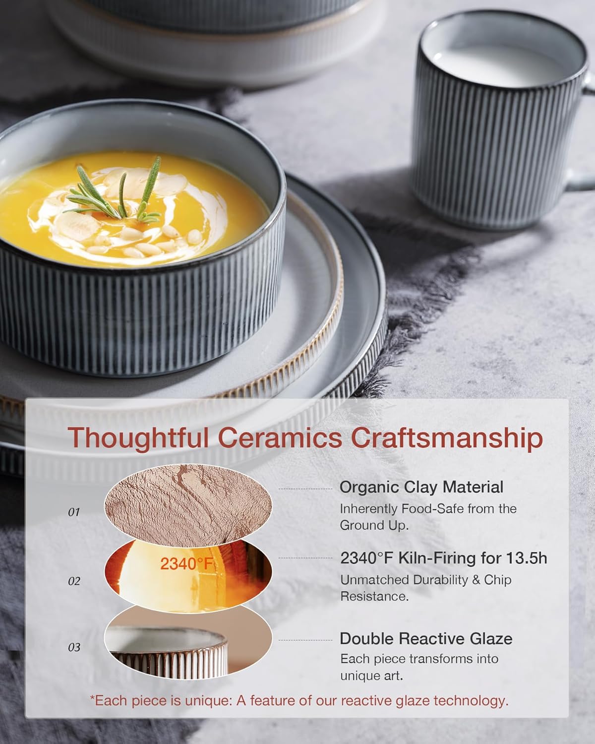 Famiware Star Dinnerware Set, Plates and Bowls Sets for 8 (24pcs), Ribbed Stoneware Dishes - Chip & Scratch Resistant, Microwave & Dishwasher Safe, Multicolor - Cappuccino White & Smoky Blue