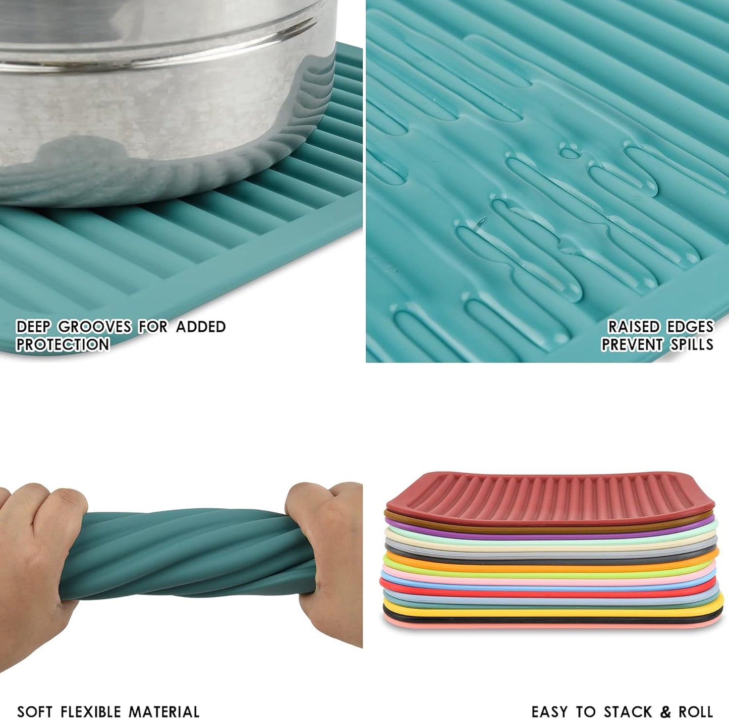 Silicone Trivets for Hot Pots and Hot Pans, Silicone Pads Mat Set, Heat Resistant Placements, Small Dish Drying Mat, Grey Rectangular Trivets Set of 2