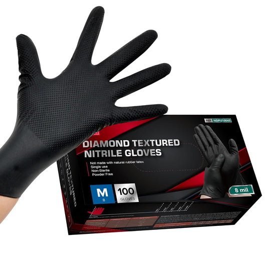 Jointown Basic Heavy Duty Nitrile Gloves, Mechanic Gloves 8 Mil Nitrile Disposable, with Raised Diamond Texture, Case of 100, Black, Medium