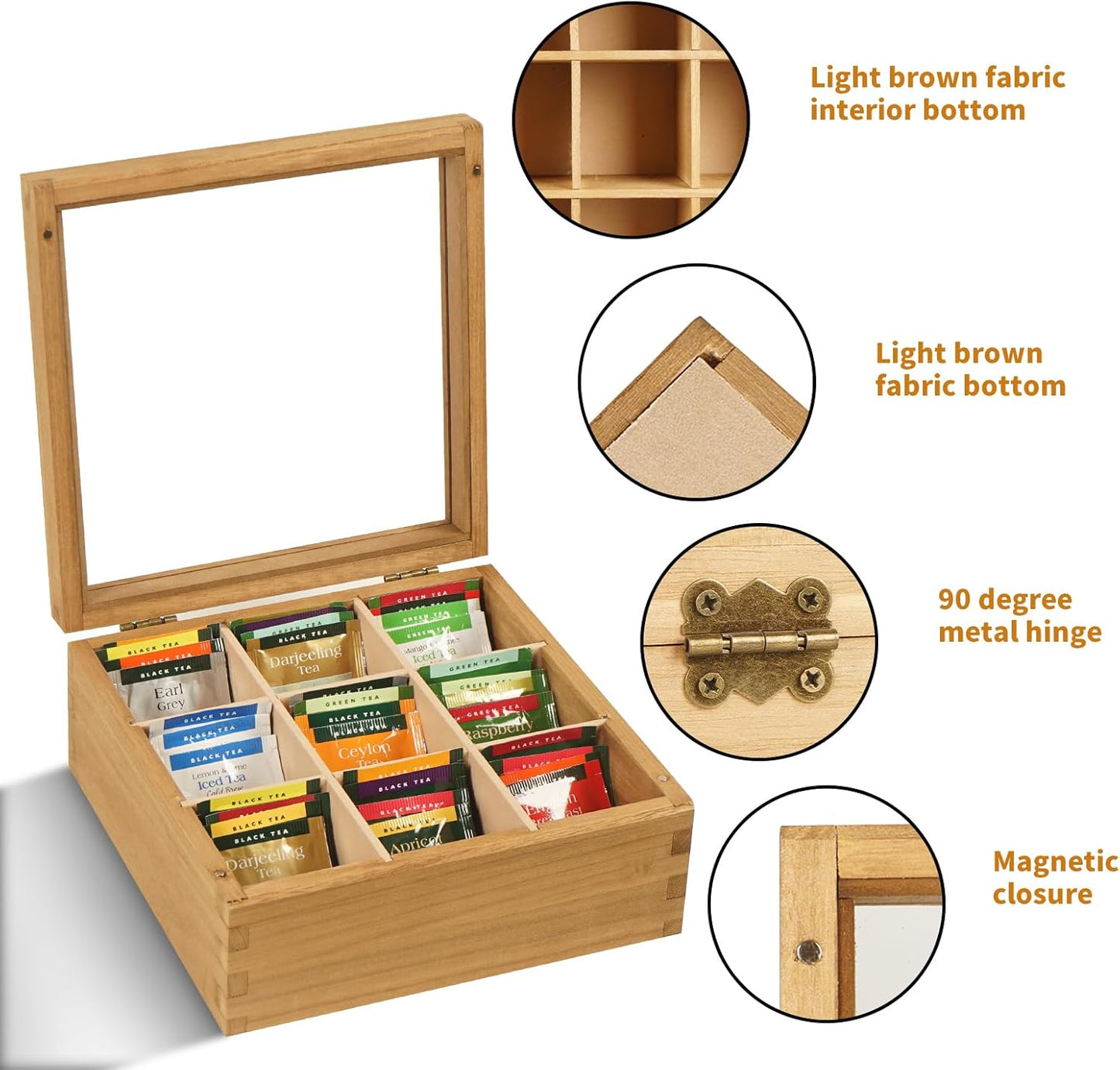 Wood Tea Bag Organizer, 6 Compartment Multi-Functional Tea Box and Storage Organizer for Tea Bags with Clear Acrylic Window