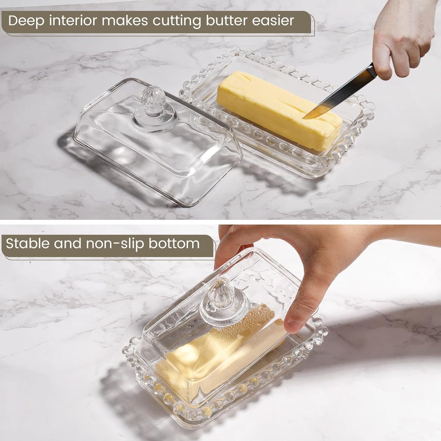 Glass Butter Dish with Large capacity for Countertop Crystal Butter Container with Cover for Counter Butter Keeper Tray Holder for Refrigerator