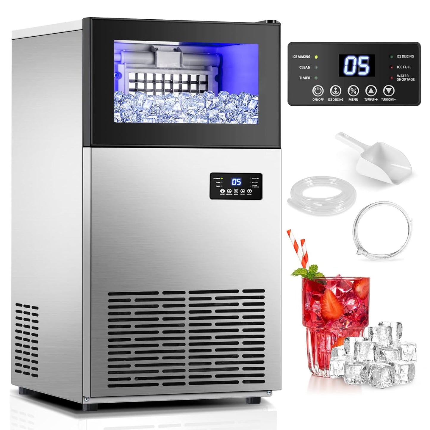 Commercial Ice Maker 160 LBS/24H, Upgraded 15" Wide Undercounter Ice Maker with 35LBS Ice Capacity, Self-Cleaning Stainless Steel Ice Machine, Built-in or Freestanding Large Ice Machine for Outdoor