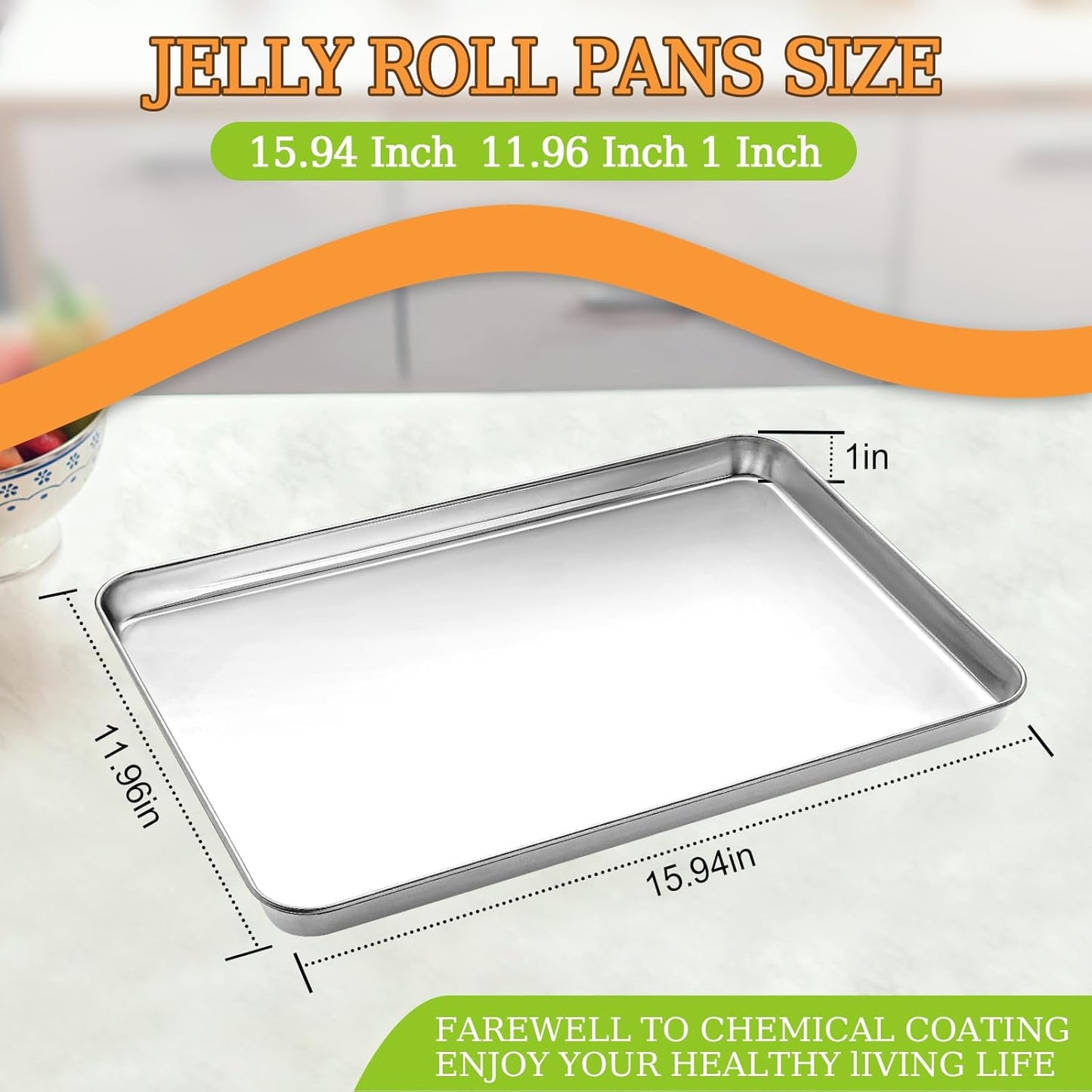 CEKEE Stainless Steel Baking Sheet Set of 2, Cookie Sheet for Baking Pan Tray, Toaster Oven Baking Pan Set, Rectangle Size 16 x 12 x 1 inch, Non Toxic, Mirror Finish & Rust Free, Dishwasher Safe