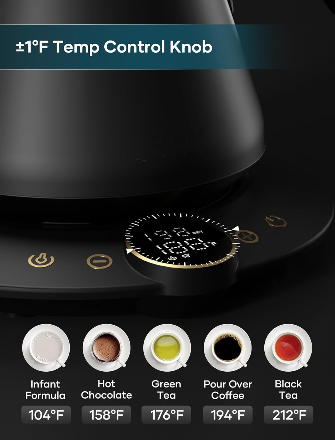 Electric Kettles, Gooseneck Electric Kettle, ±1℉ Temperature Control, Stainless Steel Inner, Quick Heating for Pour Over Coffee, Brew Tea, Boil Hot Water, 1500W/0.9L (Ebony Black)