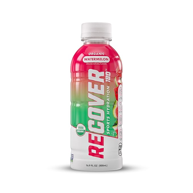 RECOVER 180 Organic Sports Hydration Drink, No Sugar Added, 20 Calorie Sports Beverage, Organic Flavors With Vitamins, Potassium-Packed Electrolytes (16.9 Fl Oz (Pack of 12), Watermelon)