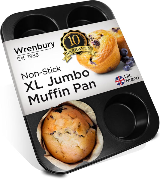 Wrenbury Jumbo Muffin Pan 6 Cup - Nonstick XL Deep Muffin Pan for Baking 3.75" Cup - Big Cup Tin - Oversized Extra Large Cupcake Mold - Dishwasher Safe - PTFE Free