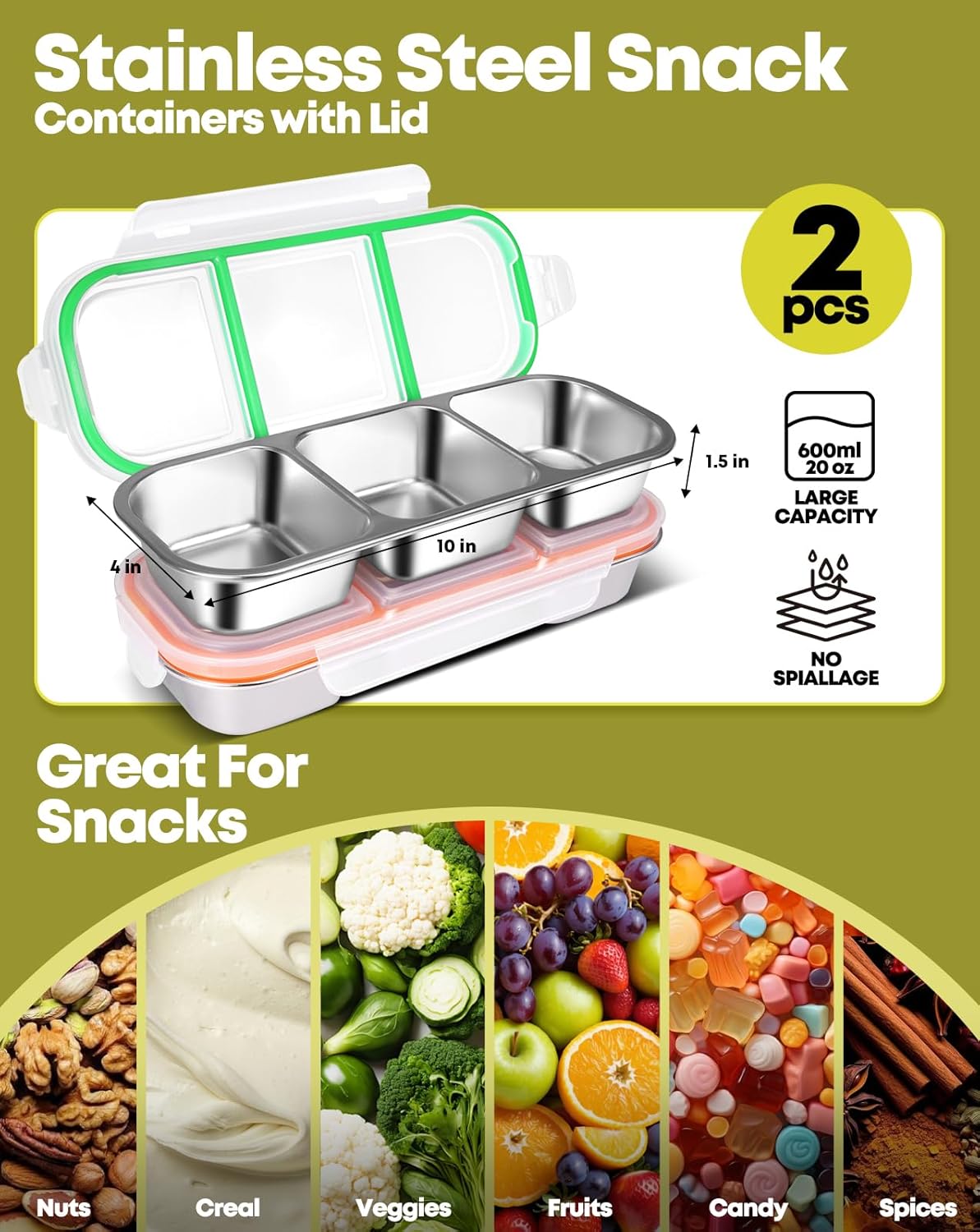 2Pack Stainless Steel Snack Containers for Kids Adults, Reusable 3 Compartment Snackle Box Container with Leakproof Lids Metal Bento Lunch Food Snack Boxs for Travel Picnics Camping Office School