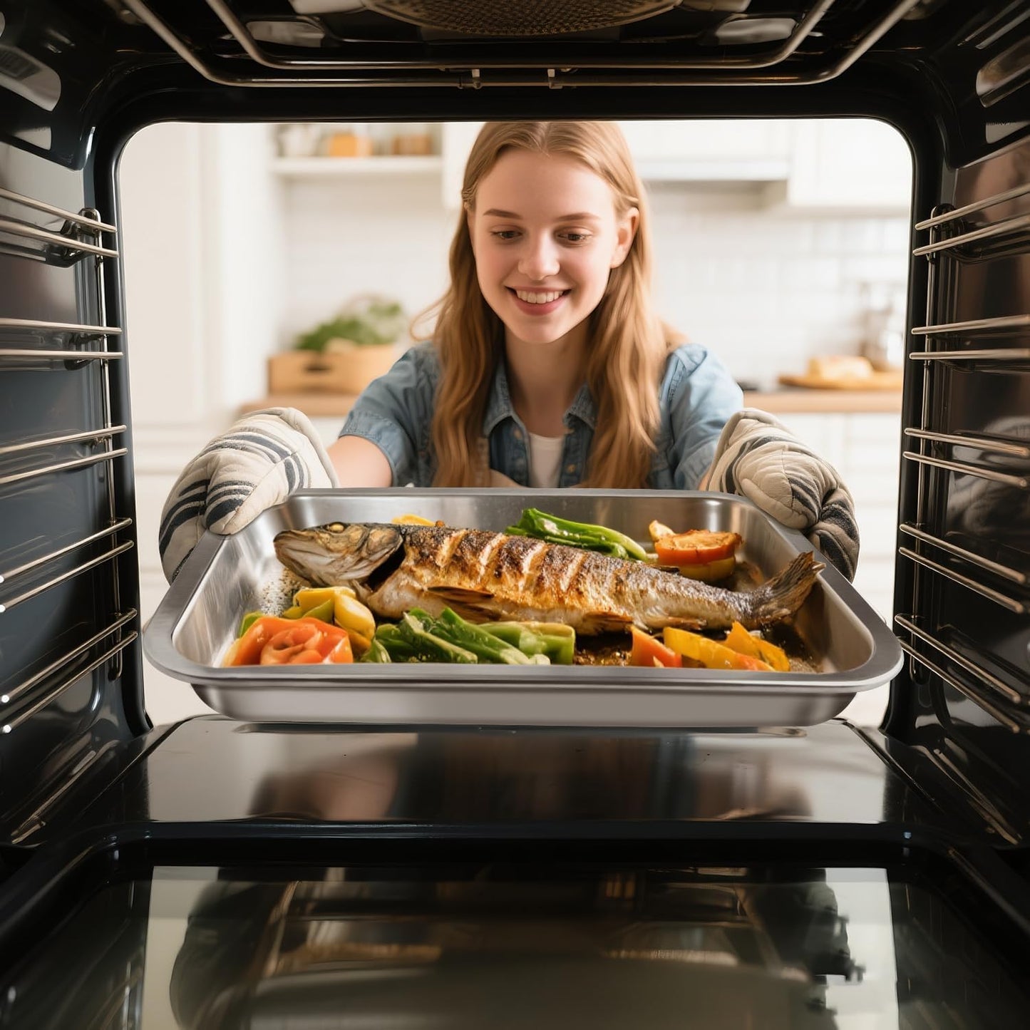 Sheet Pan with Cooling Rack Set [2 Baking Sheets + 1 Baking Rack], Stainless Steel Cookie Sheets for Baking and Wire Rack, Warp Resistant, Heavy Duty, Rust Free, Size 12.4 x 8.46 x 1.77 Inch