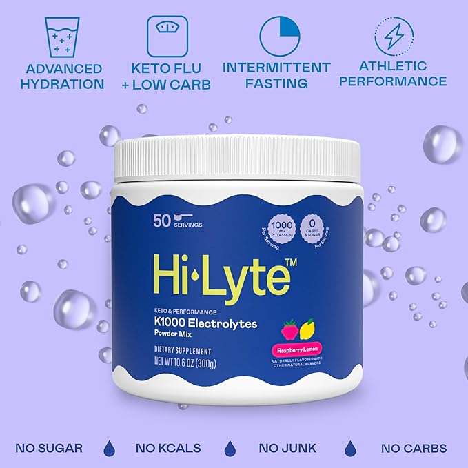 Hi-Lyte Keto K1000 Electrolyte Powder | Raspberry Lemon | Hydration Supplement Drink Mix | Boost Energy & Beat Leg Cramps | No Sugar, No Maltodextrin | 50 Servings