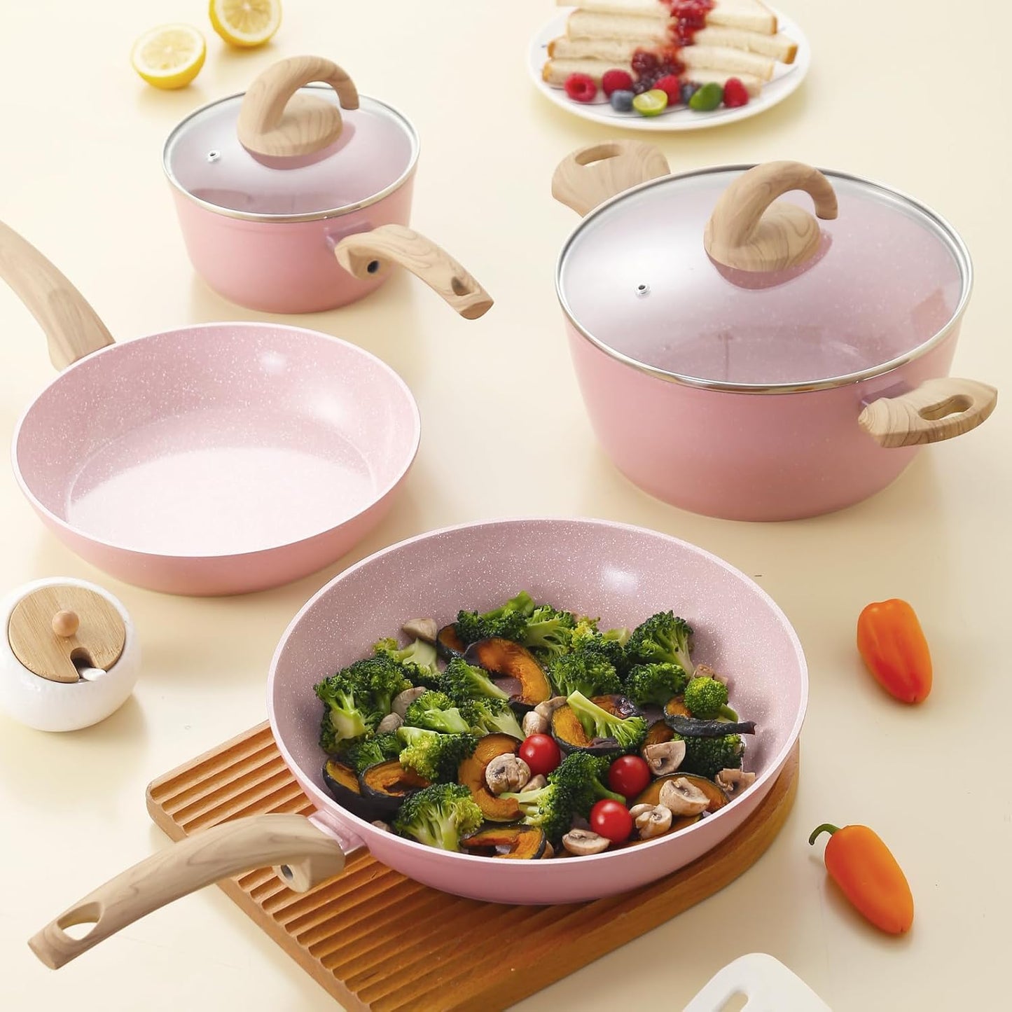 Pots and Pans Set Non Stick, Ceramic Cookware Set with Granite Pattern, Induction Kitchen Cooking Sets w/Frying Pans, Saucepans, Casserole with Lids, Non-Toxic, PTFE/PFOA/PFOS-Free, Pale Pink