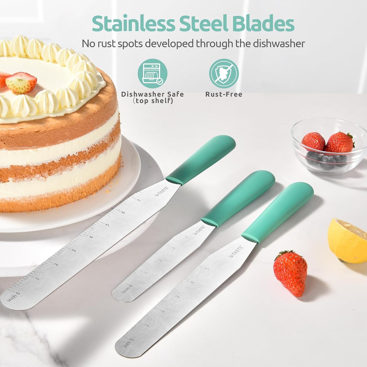 U-Taste Cake Icing Spatulas Set: Straight Decorating Frosting Knife with 6", 8", 10" Thinner Stainless Steel Blade, Flexible Smoothing Spreading Tools with Comfortable PP Handle for Cream (Aqua Sky)
