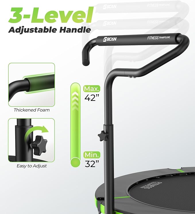 BCAN 40"/48" Foldable Mini Trampoline, Rebounder Trampoline for Adults, U/T Shape Adjustable Foam Handle, Exercise Rebounder for Adults Indoor/Garden Workout, Max Load 330lbs/440lbs