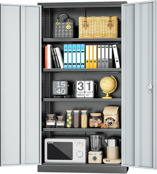 INTERGREAT Metal Storage Cabinets 72” Black Grey Garage Steel Storage Cabinet with Doors and Shelves, Steel File Cabinet for Home Office, Basement, Warehouse, Classroom（Anti Tipping）