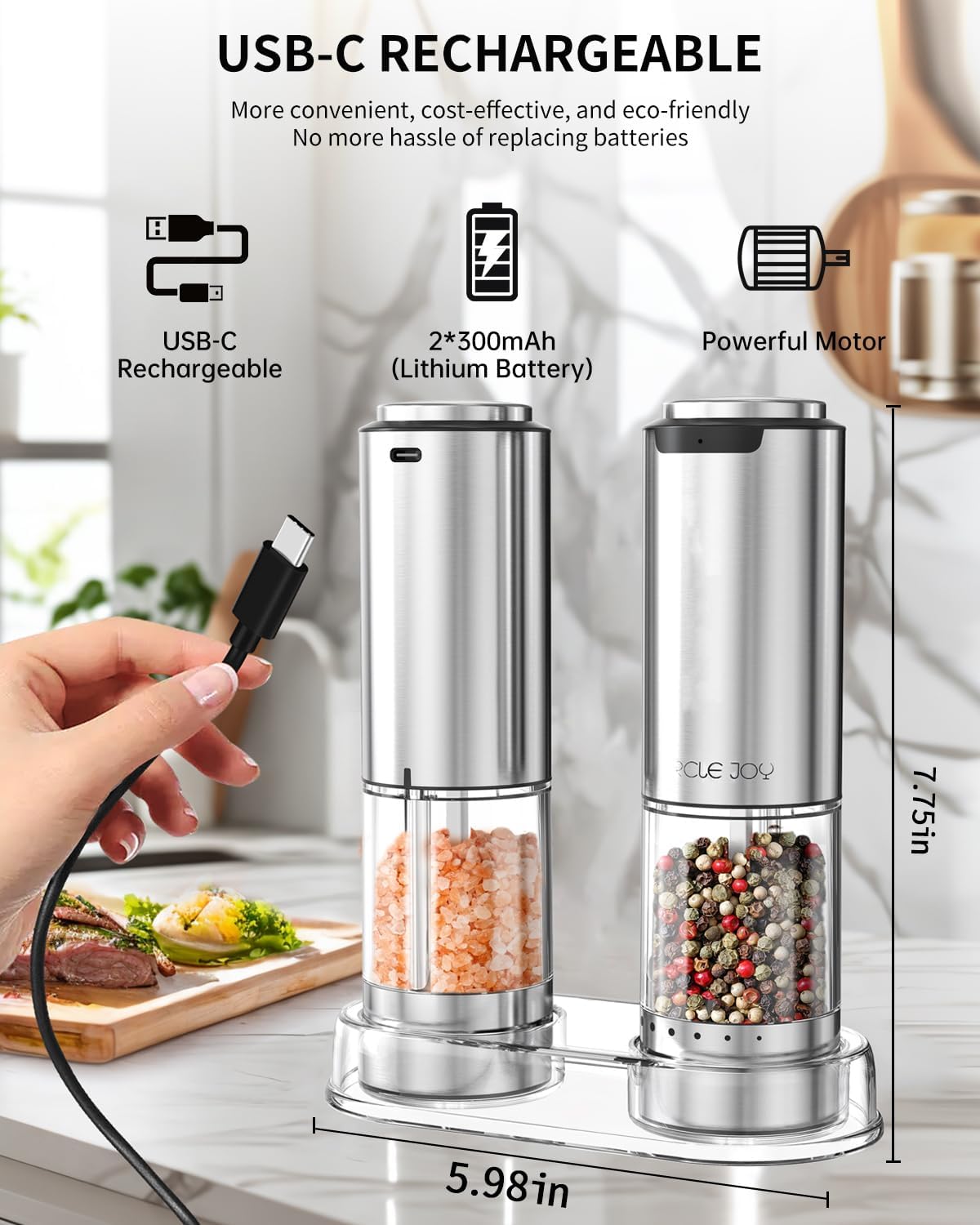 CIRCLE JOY Rechargeable Electric Salt and Pepper Grinder Set with Base, Stainless Steel Pepper Mills with 95ml Container, White LED Light and External Adjustable Coarseness, Silver