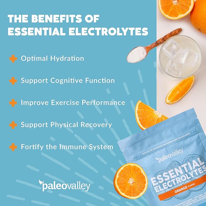 Paleovalley Essential Electrolytes Powder - Full Spectrum Orange Electrolyte Powder for Hydration, Energy and Muscle Recovery - No Sugar Added - 28 Servings