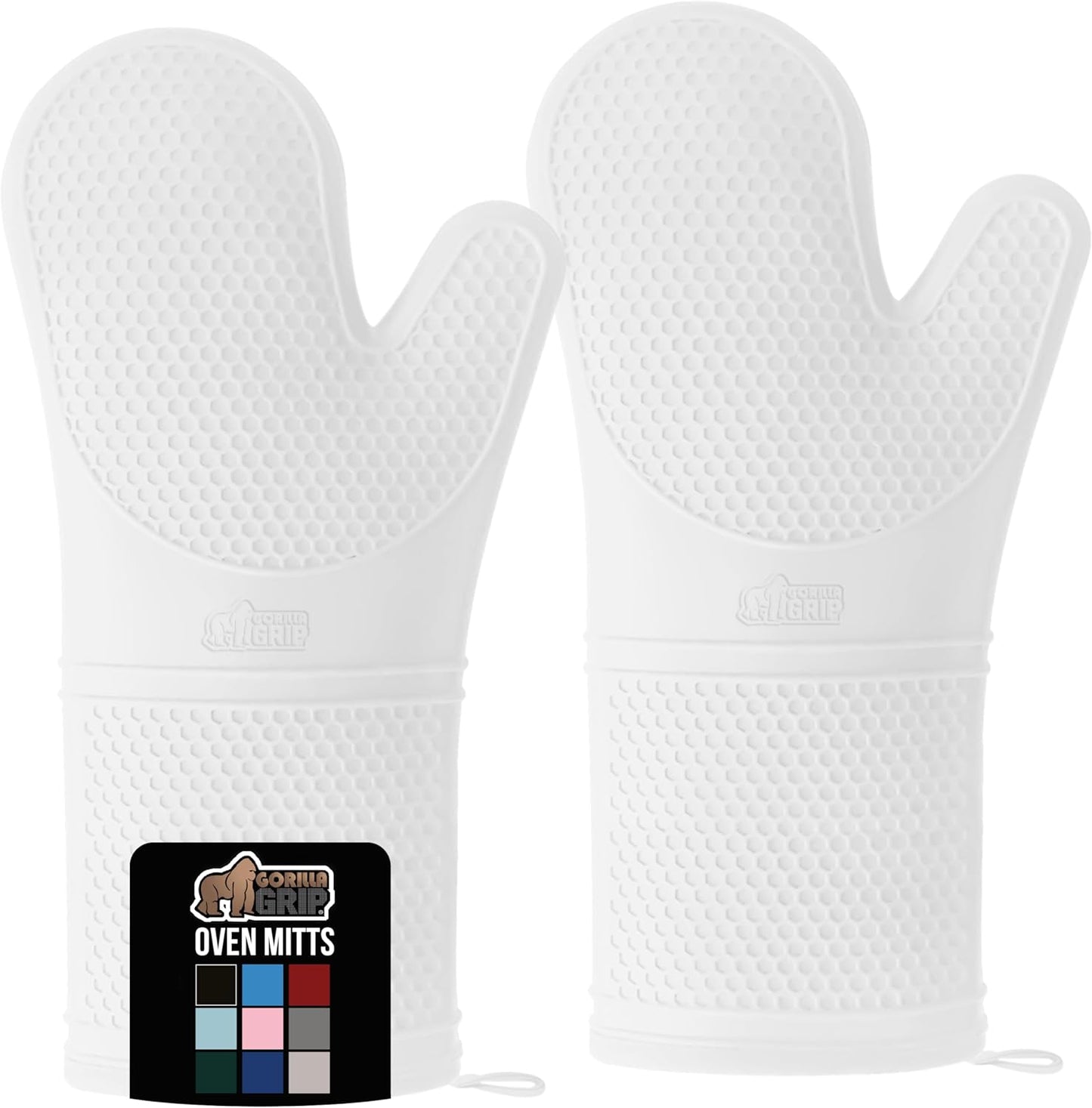 GORILLA GRIP BPA-Free Soft Silicone Oven Mitts, 14.5x8.3, Heat Resistant and Waterproof Cooking Gloves, Thick Cotton Lining, Flexible Gripping for Baking Grilling, Kitchen Potholders Set of 2, White