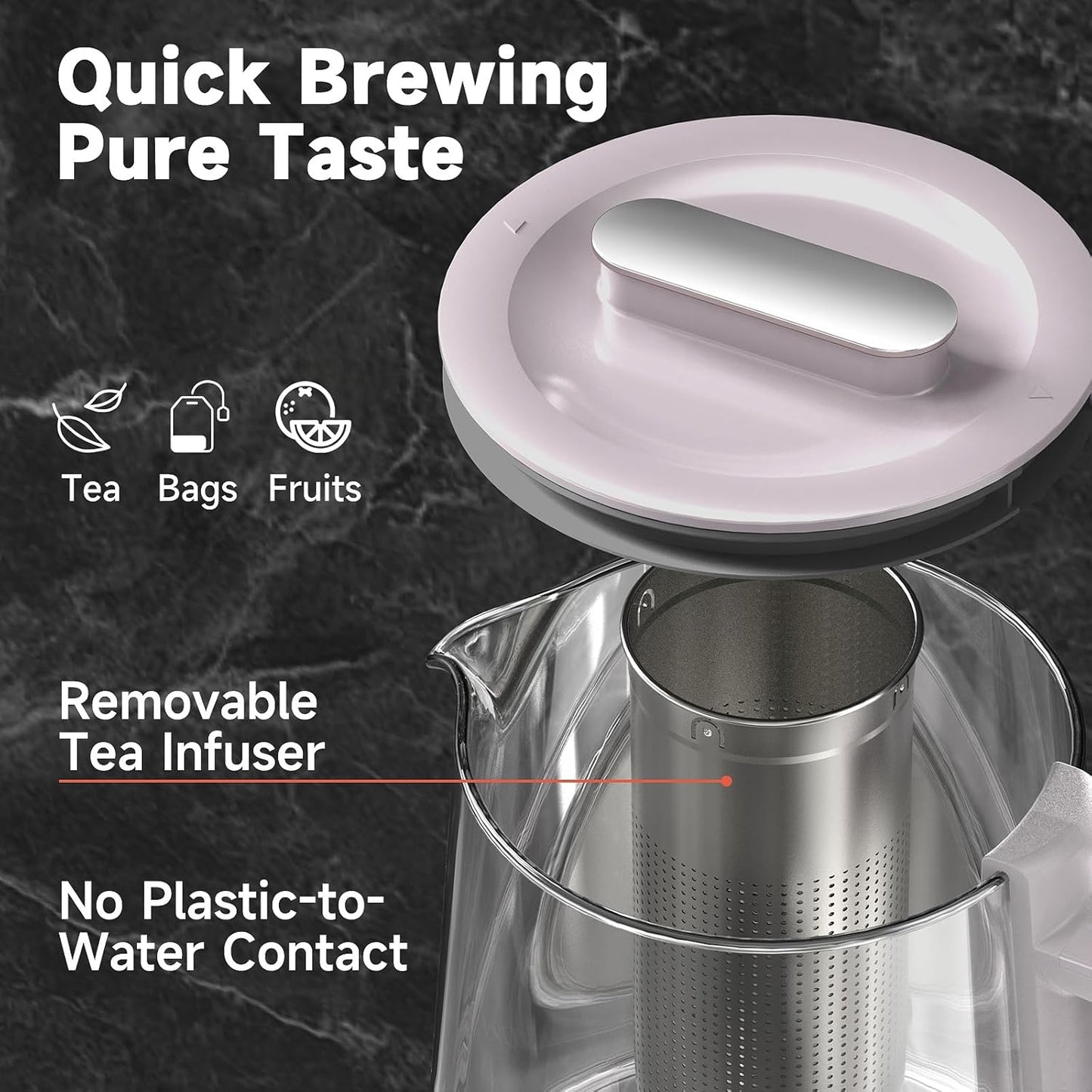 Titanium & Stainless Steel Electric Kettle with Tea Infuser and Temperature Control,1.5L Glass Tea Maker,1500W Rapid Boiling,Programmable Control for your Favorite Teas and Coffee-Grey