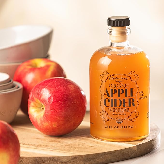 Mother Earth, Organic Apple Cider Vinegar with The Mother, Fresh Pressed Organic Apples, OACV, ACV, Raw, Unpasteurized, Unfiltered (1/14oz Apothecary Glass Bottle with Pour Spout)
