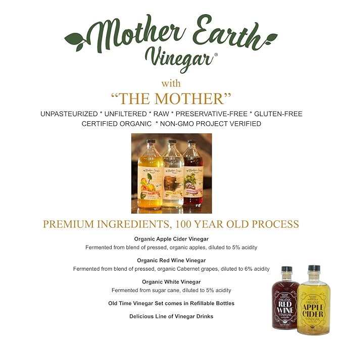 Mother Earth, Organic Apple Cider Vinegar with The Mother, Fresh Pressed Organic Apples, OACV, ACV, Raw, Unpasteurized, Unfiltered (1/14oz Apothecary Glass Bottle with Pour Spout)