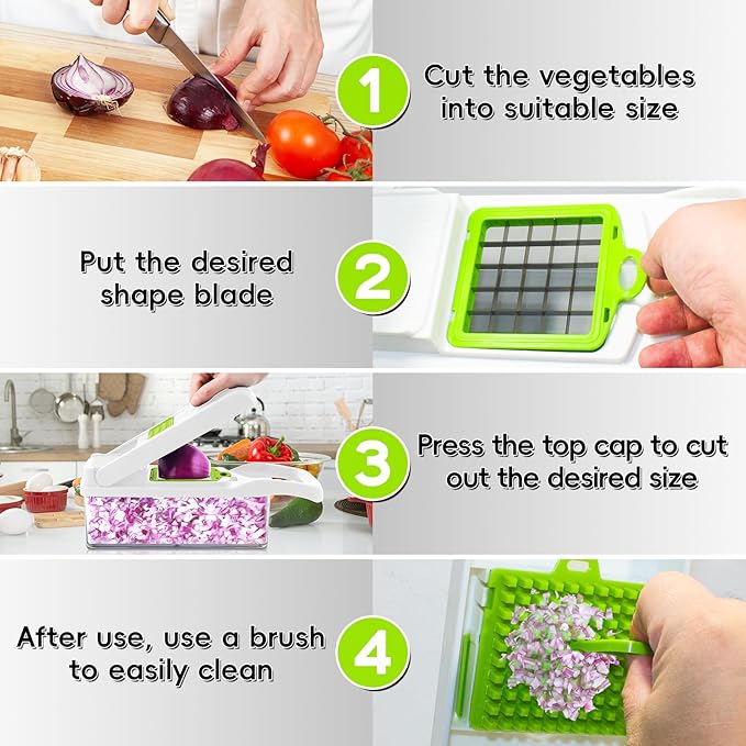 Vegetable Chopper & Spiralizer - Food Chopper with Container | Fruit Slicer, Kitchen Gadget | Dice, Slice, Shred Veggies/Fruits | Perfect for Salads（17-in-1green）