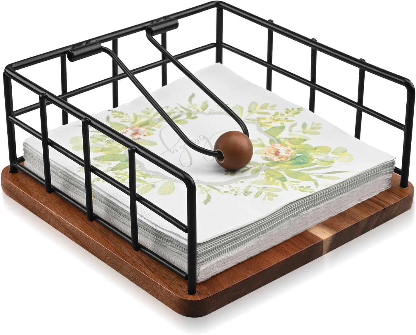 Flat Napkin Holder for Table, Acacia Napkins Holder with Weighted Arm, Rustic Metal Square Napkin Holder Organizer for Kitchen, Flat Napkin Dispenser for Countertop, Dining Room