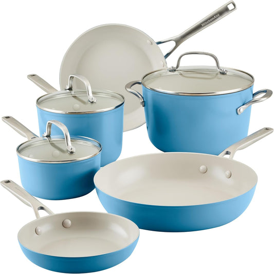 KitchenAid Hard Anodized Ceramic 9-Piece Nonstick Cookware Set – Includes Fry Pans, Saucepan, Stockpot, Durable, Even Heating, Oven Safe to 500°F, Blue Velvet