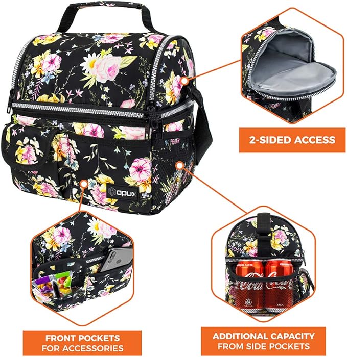 opux Lunch Bag Women Insulated, Adult Lunch Box Cooler, Flower Lunch Box, Dual Compartment Lunchbox for Work, Leakproof Double Decker Lunch Bag, Soft Lunch Pail Tote Girls Kids School, Floral Black