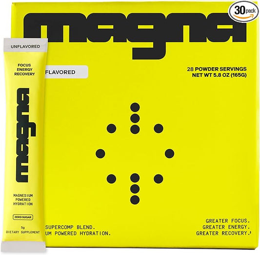 Magna Electrolyte Powder Drink Mix for Hydration, Energy & Focus Support with Magnesium L Threonate, Malate & Glycinate, Sodium, Potassium, Vitamin D, B6 & B12, Unflavored, 28 Servings