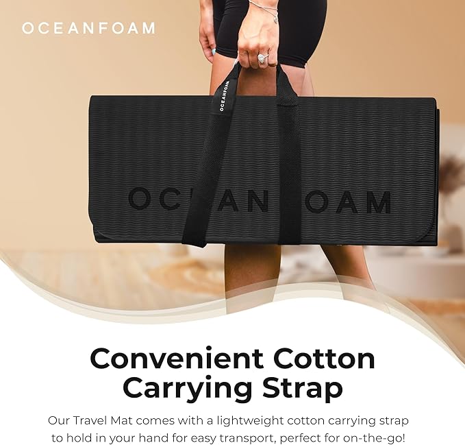 Oceanfoam Travel Workout Mat – 0.3" Thick Folding Exercise Mat for Yoga, Pilates, & Fitness – Non-Slip with Cotton Carrying Strap, Made with Sustainable Algae Foam – 24" x 72" (Charcoal)