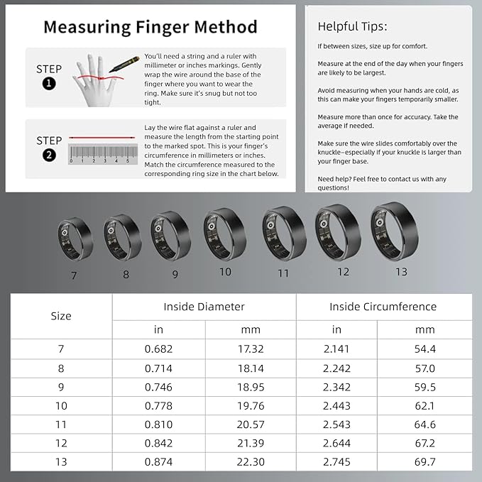 Smart Wellness Ring, Stylish Fitness Tracker with Heart Rate, Blood Oxygen, Blood Pressure, Sleep & Step Monitor. IP68 Waterproof, No Subscription, iOS & Android Compatible (Black, 8)