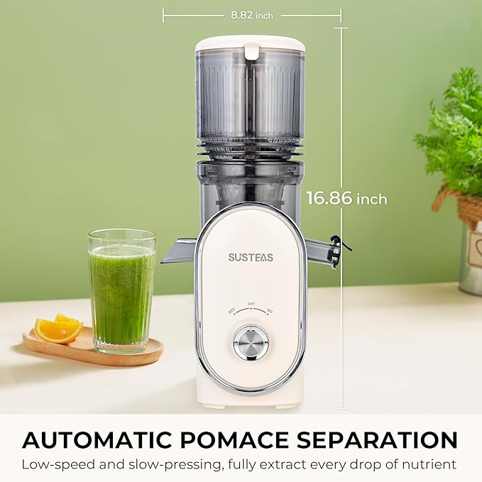 SUSTEAS Cold Press Juicer, 5.3" Feed Chute Slow Masticating Machines with 300W, Fit Whole Fruits & Vegetables, Easy to Clean, High Juice Yield, White