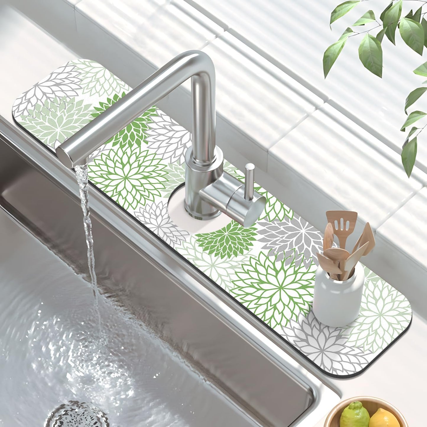 Findosom 2PCS 16" x 24" Dish Drying Mat & 24" x 5.5" Sink Splash Guard, Super Absorbent & Cuttable Dish Mat Drying Kitchen Mat with Green Floral, Hide Stain Drying Mat for Kitchen Counter