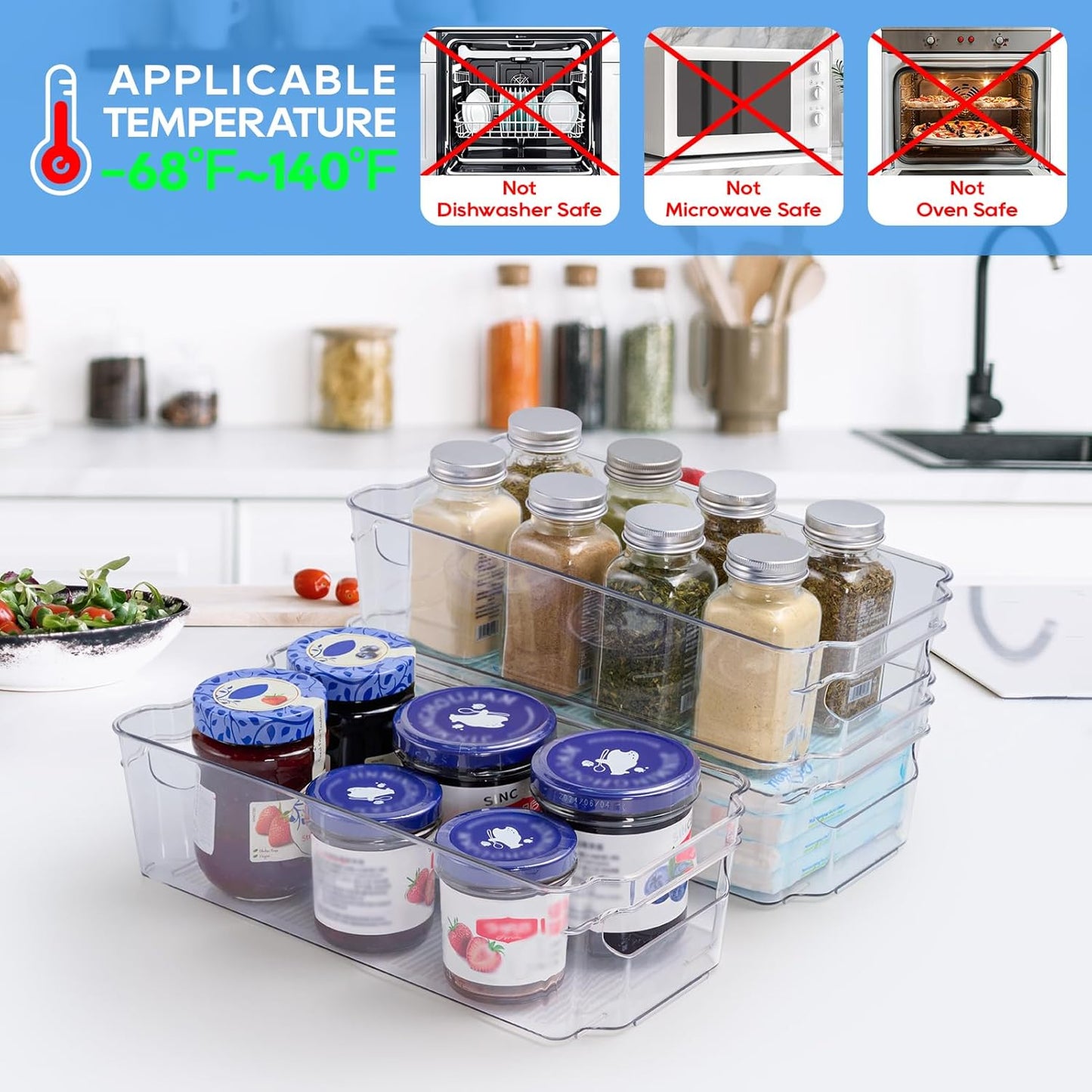 JollyPack 8 Pack Clear Plastic Storage Bins, Refrigerator Organizers and Storage with Handles for Fridge, Pantry, Kitchen, Bathroom, Office, and Cabinet Organization