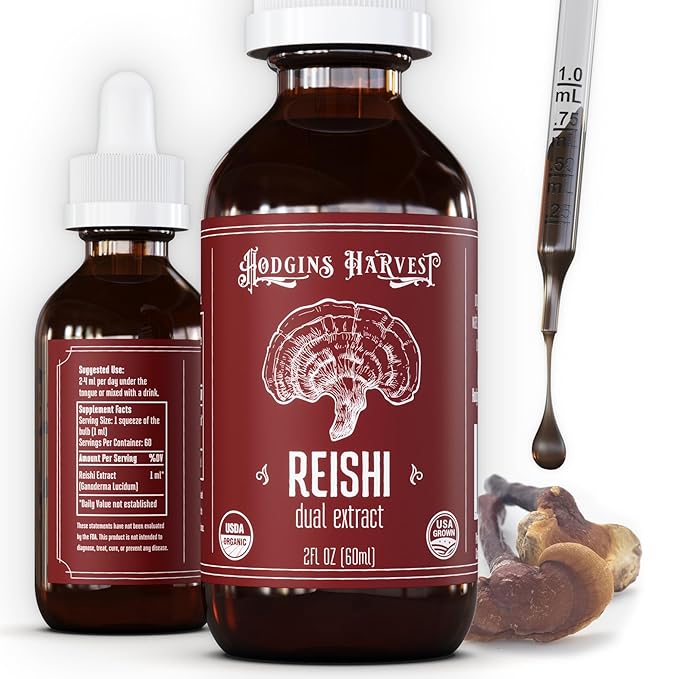 Hodgins Harvest Organic Reishi Tincture | Made with Mushrooms Grown On Our Farm in The USA | Dual Extract | Extra-Concentrated (2 fl oz)