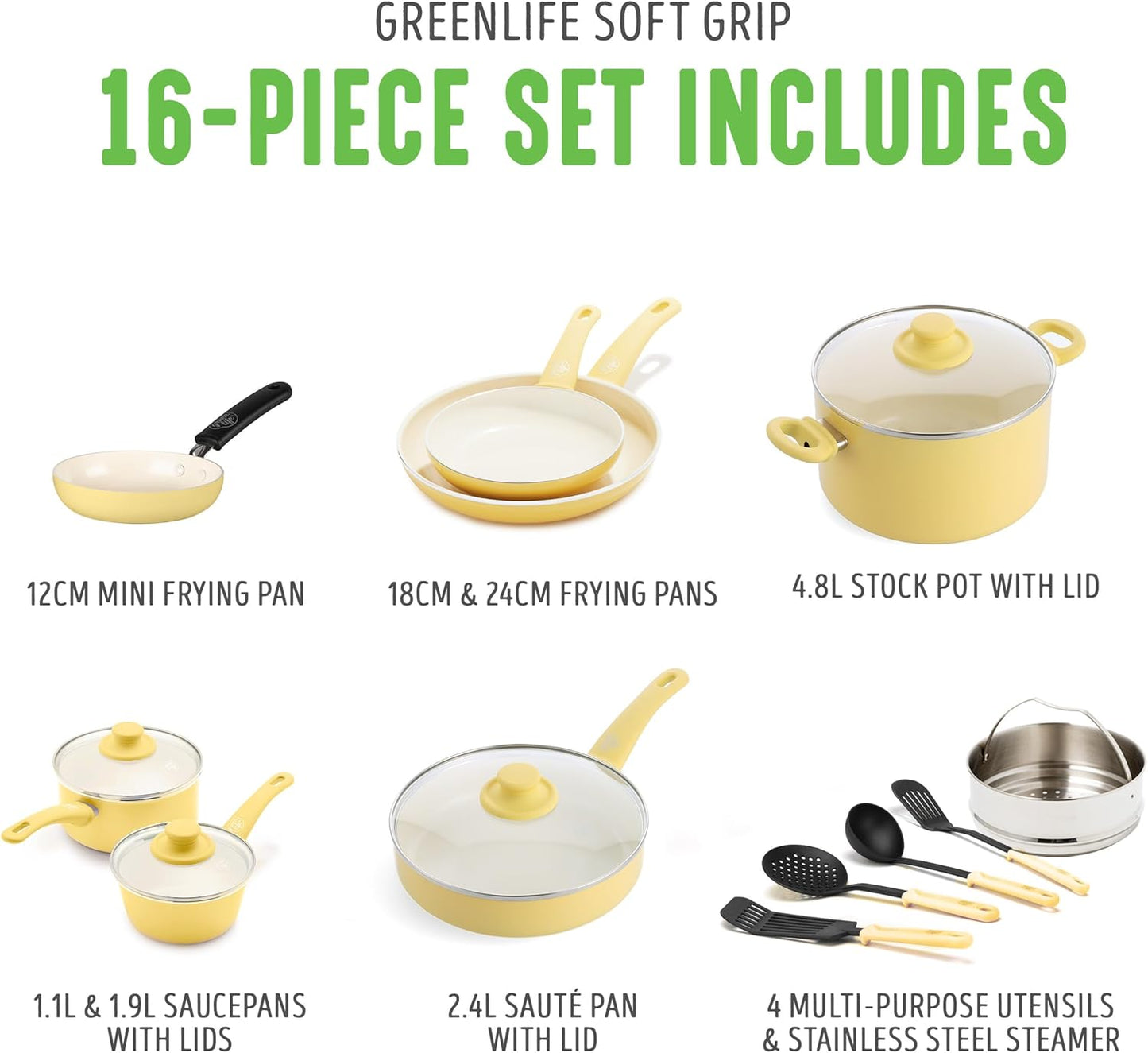 GreenLife 16 Piece Nonstick Cookware Set, Soft Grip Non-Toxic PFAS-Free Ceramic Pots & Pans, Dishwasher & Oven Safe, Frying, Sauce, Saute, Utensils, Glass Lids, Stay-Cool Handles, Wobble Free, Yellow