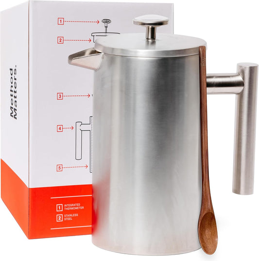 Barista Warrior French Press with Thermometer - Insulated Coffee Press - Stainless Steel Coffee Maker (1.0L, 34 fl oz, Silver)