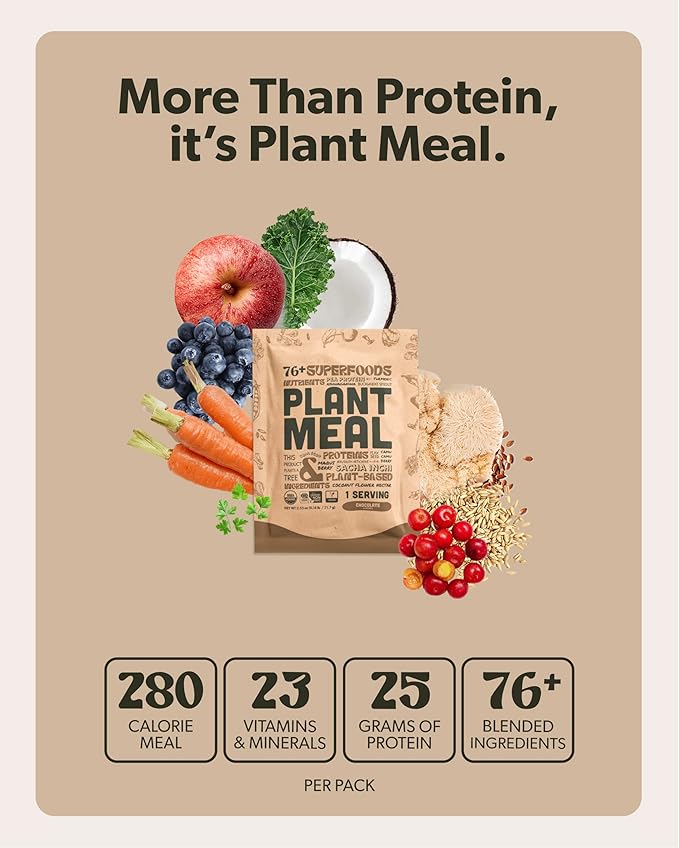 Plant Meal Replacement Shake - Chocolate - 25g of Plant Based Vegan Protein Powder, 76+ Organic Superfoods, Vitamins & Minerals, Mushrooms, Super Greens, Digestive Enzymes & Probiotics - 1 Serving