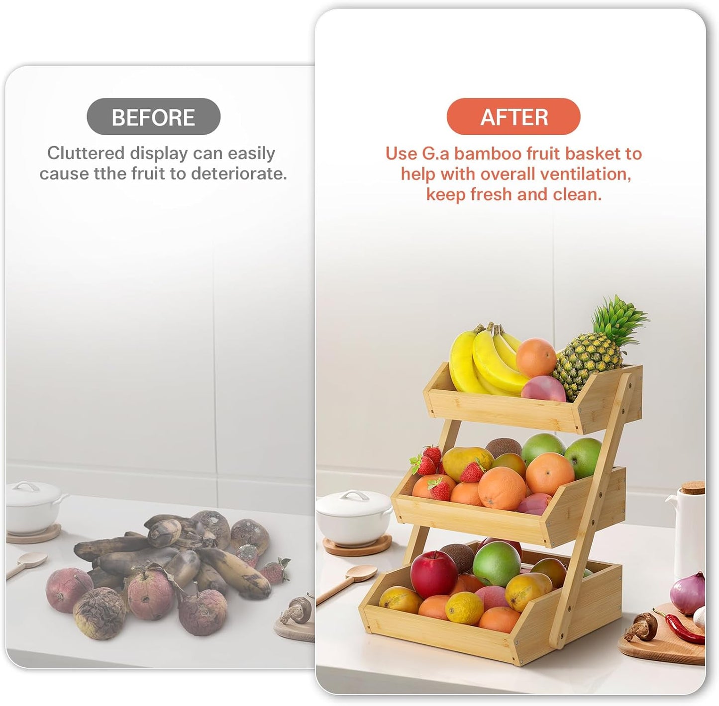 G.a HOMEFAVOR Bamboo Fruit Basket, Fruit Organizer for Kitchen Counter, Vegetable Storage Stand, 15 mm Thickness (Self-assembly)