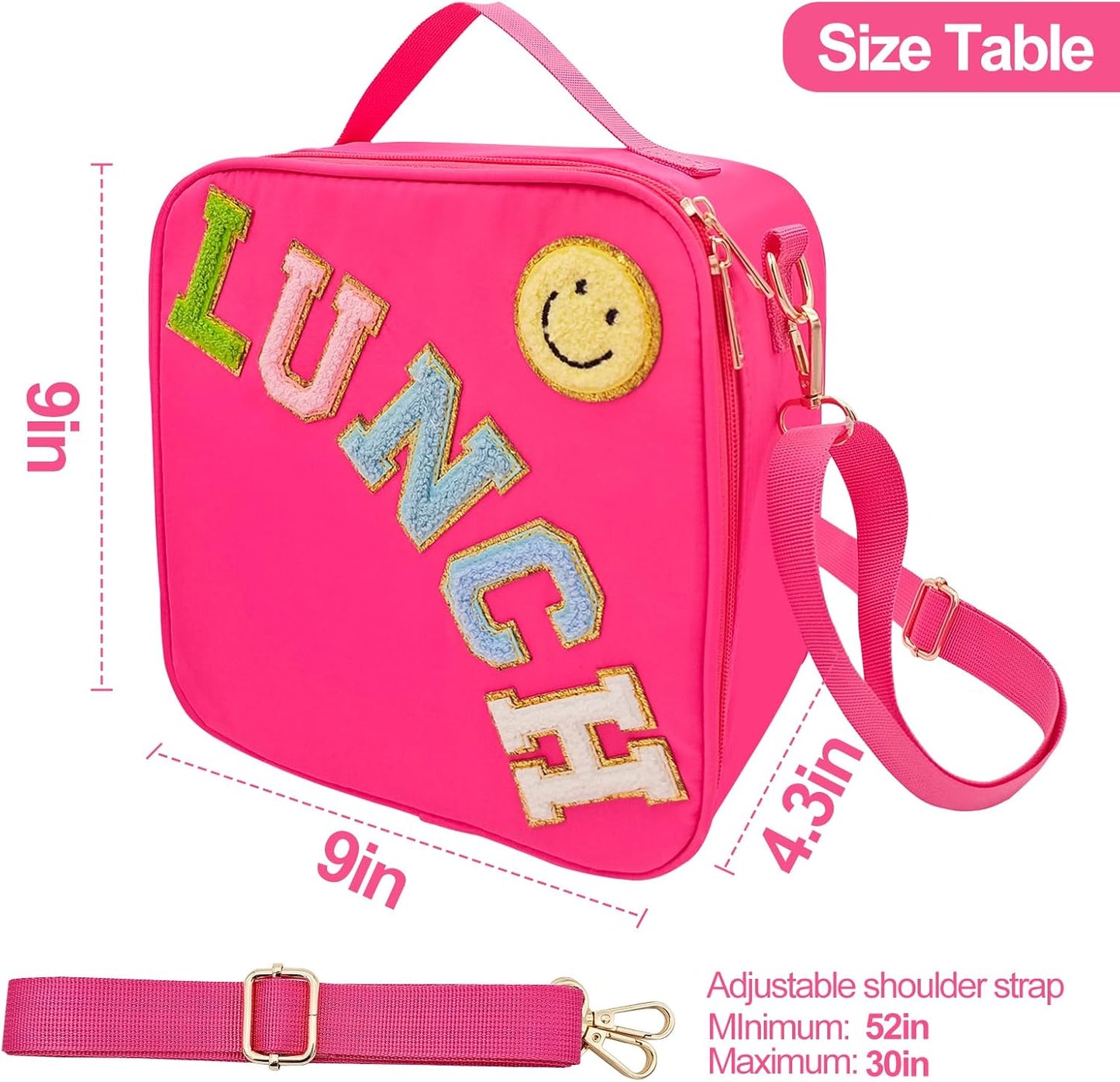 Insulated Lunch Bag With Adjustable Shoulder Strap, Nylon Preppy Lunch Box Large Insulated Lunch Bag Reusable Lunch Tote Bag with Smiley Preppy LunchBag for Girls School Travel Picnic (Rosy Red)