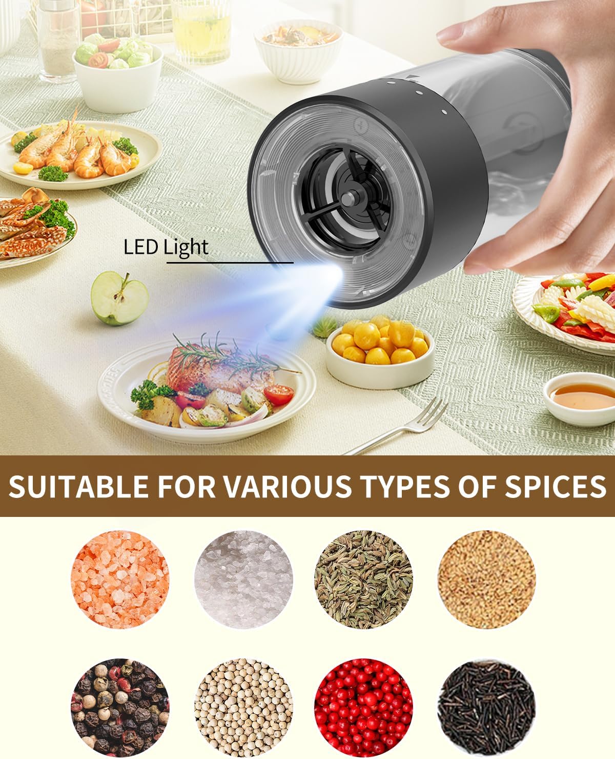 CIRCLE JOY Electric Salt and Pepper Grinder Set Rechargeable Salt and Pepper Mills with 6-Level External Adjustable Coarseness, White LED Light and Storage Base, Black